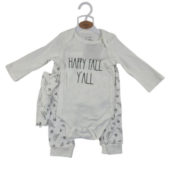 Rae Dunn Happy Fall Yall 3 Piece Outfit Set 6-9 Months Onesie Pants Headband - Picture 2 of 10